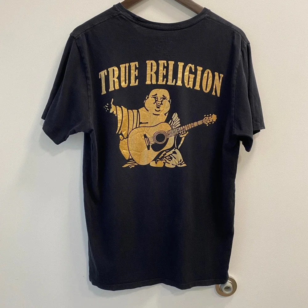 True Religion T-Shirt Mens M Black Gold Big Buddha World Tour Logo Short Sleeve